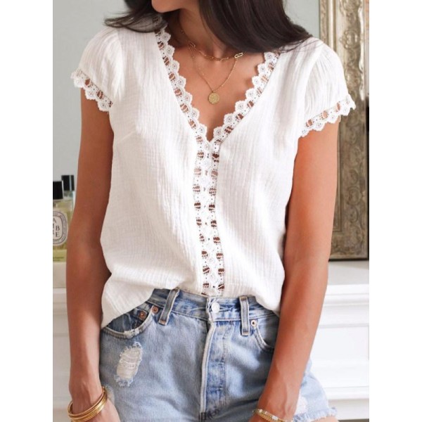 Chic Lace Trim Design V-Neck Short Sleeve Blouse