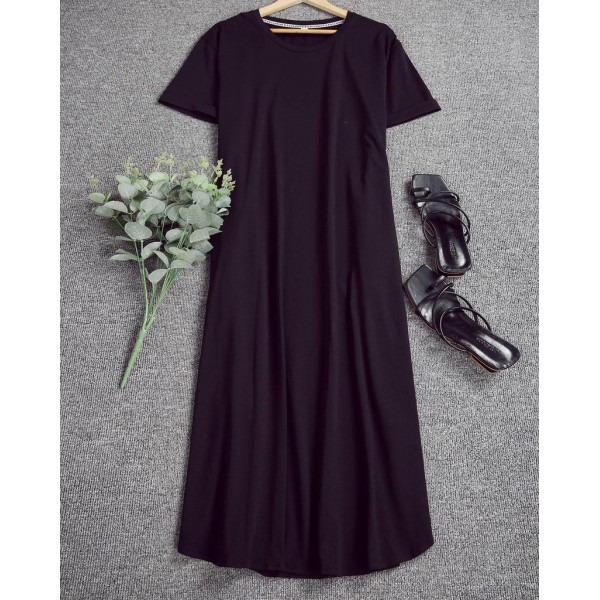 Trendy Knee-High Side Slit Short Sleeve Midi Dress