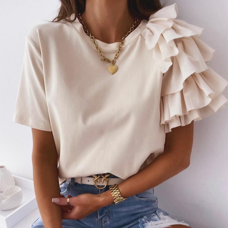 Distinctive Ruffle Trim Design Short Sleeve Top