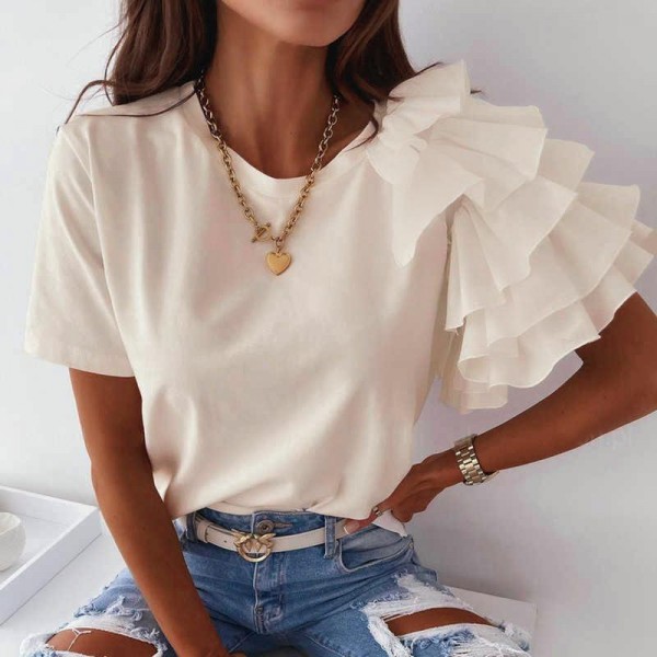 Distinctive Ruffle Trim Design Short Sleeve Top