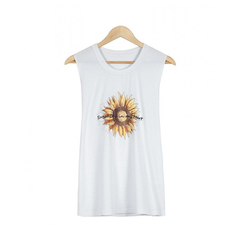 Simple Round Neck Print Sleeveless Top