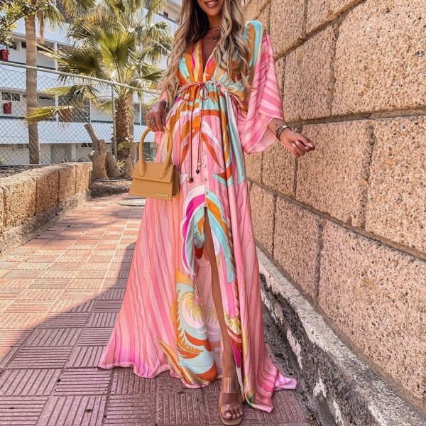 Attractive Print 3/4 Sleeve Maxi Dress