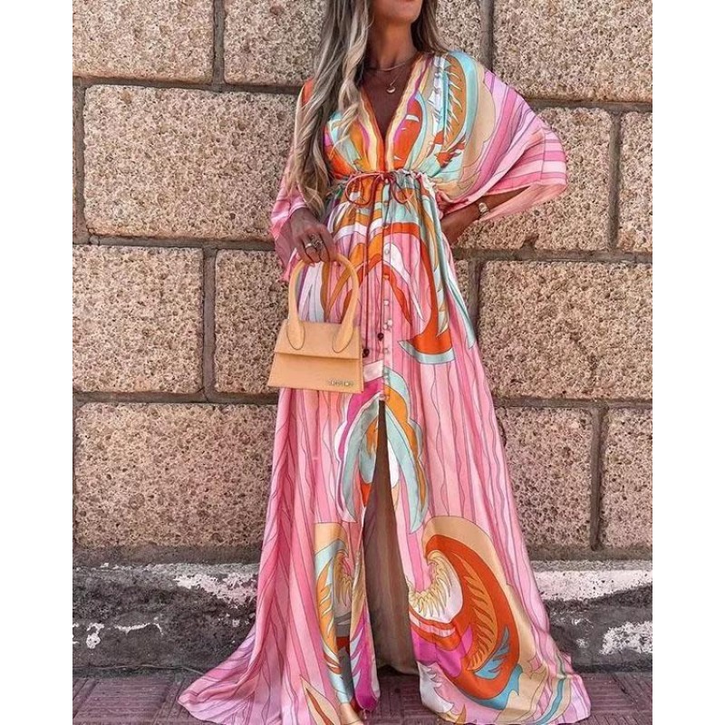 Attractive Print 3/4 Sleeve Maxi Dress