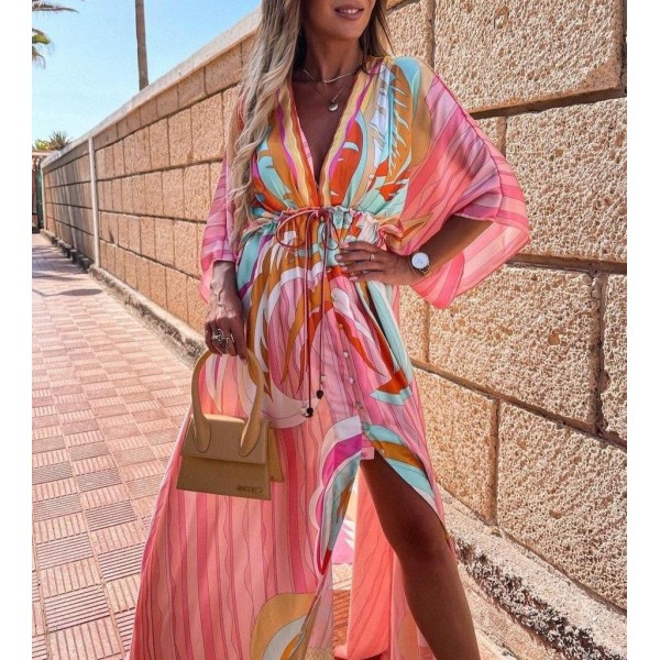 Attractive Print 3/4 Sleeve Maxi Dress