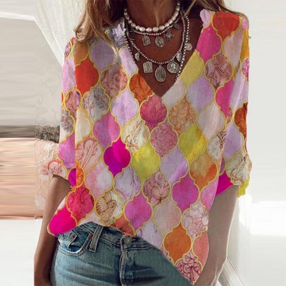 Casual Print 3/4 Sleeve Top