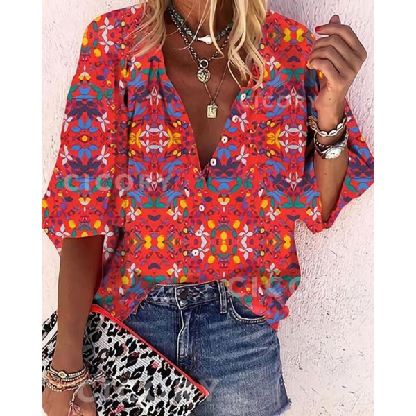 Attractive Floral Print 3/4 Sleeve Top