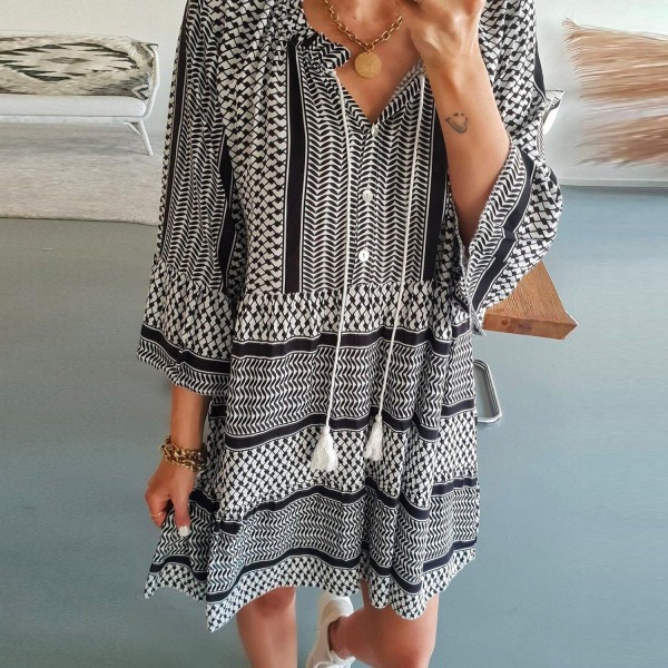 Casual Print 3/4 Sleeve Mini Dress