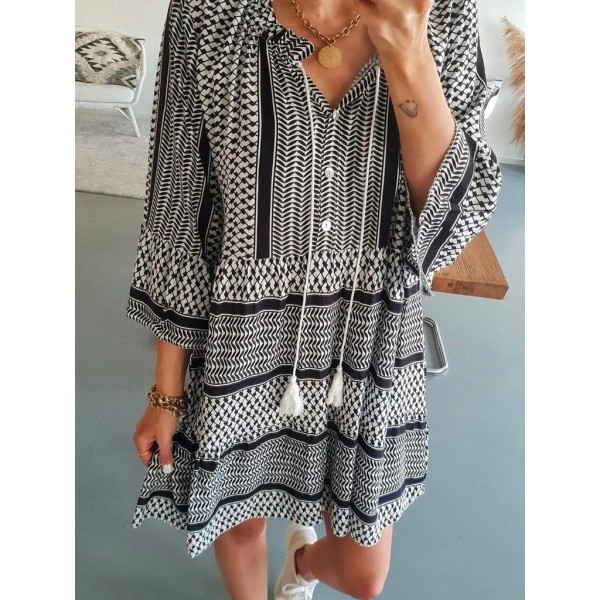 Casual Print 3/4 Sleeve Mini Dress