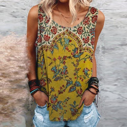 Retro Round Neck Print Sleeveless Top