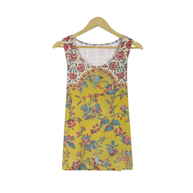 Retro Round Neck Print Sleeveless Top