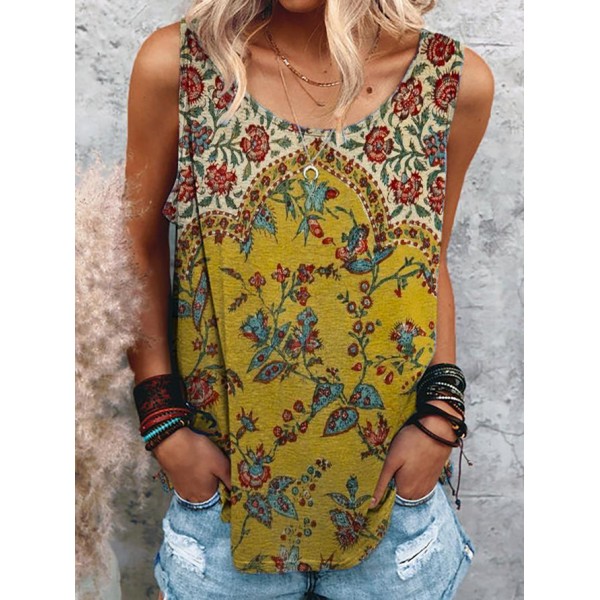 Retro Round Neck Print Sleeveless Top