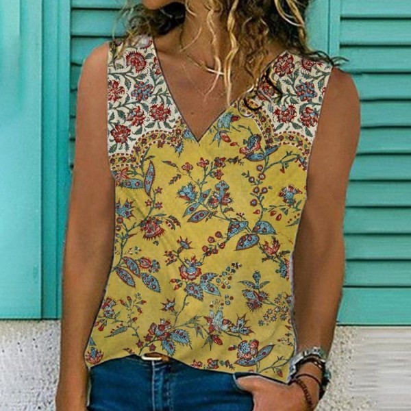 Romantic V-Neck Print Sleeveless Top