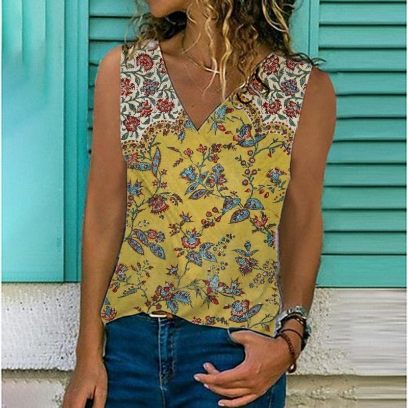 Romantic V-Neck Print Sleeveless Top