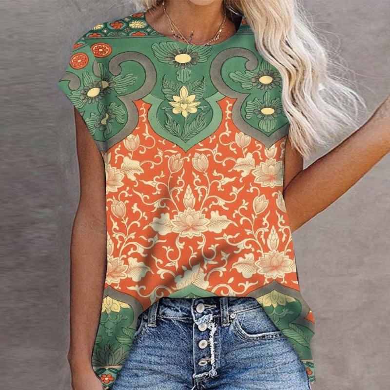 Chic Print Round Neck Top