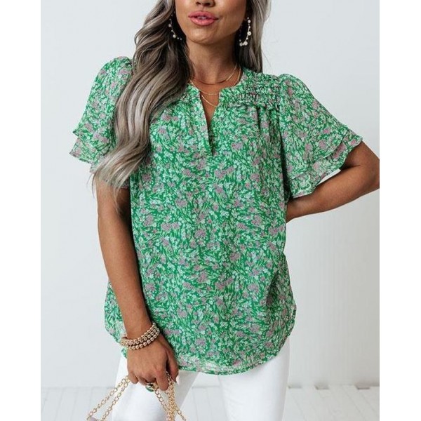 Romantic Ditsy Floral Print Short Sleeve Top