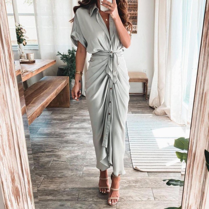 Vintage Plain Short Sleeve Midi Dress With Belt