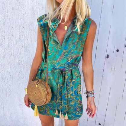 Retro Print Sleeveless Mini Dress With Belt