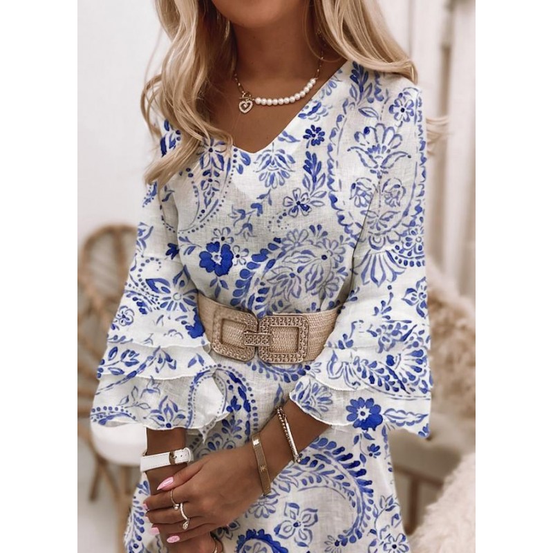 Fresh Print V-Neck 3/4 Sleeve Mini Dress