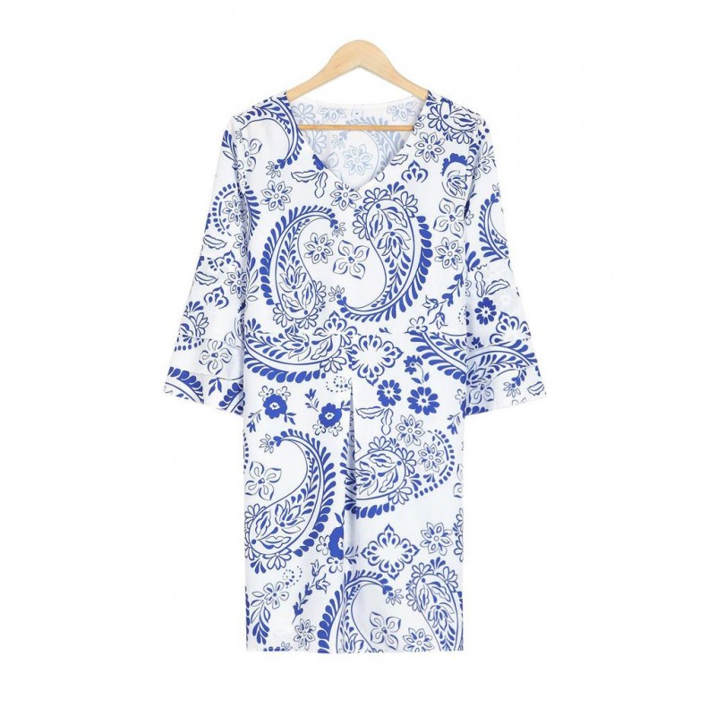 Fresh Print V-Neck 3/4 Sleeve Mini Dress