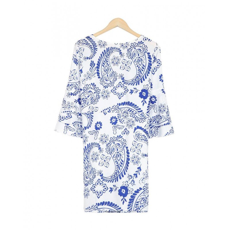 Fresh Print V-Neck 3/4 Sleeve Mini Dress