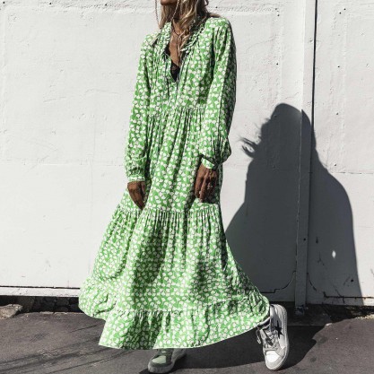 Fresh Print Long Sleeve Maxi Dress