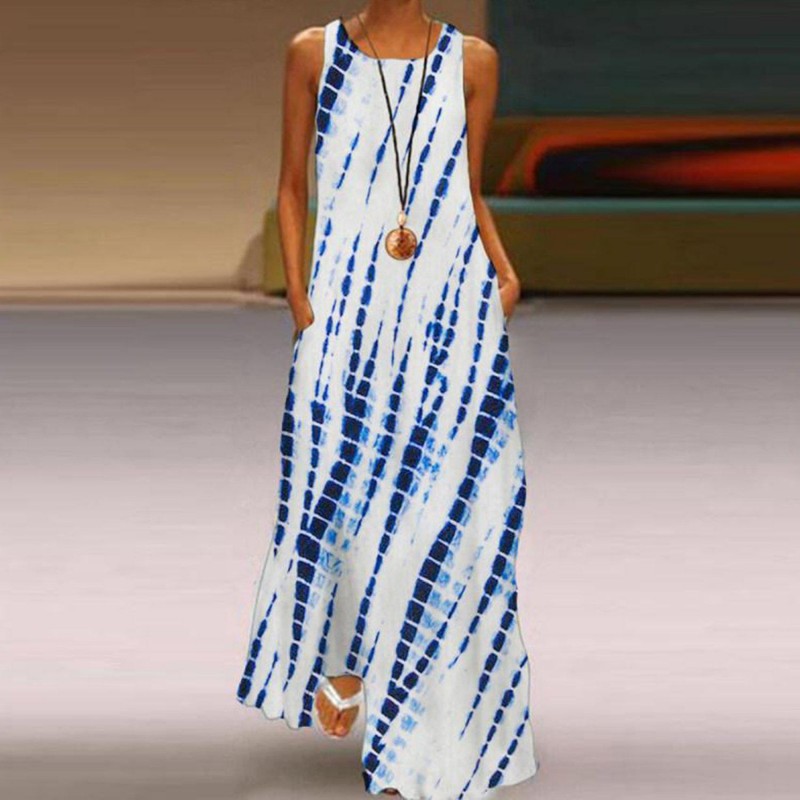 Fresh Print Round Neck Sleeveless Maxi Dress