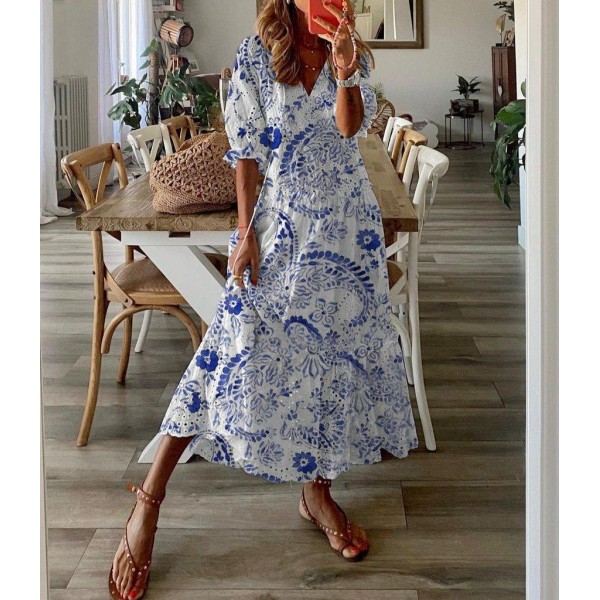 Romantic Blue Print Short Sleeve Maxi Dress