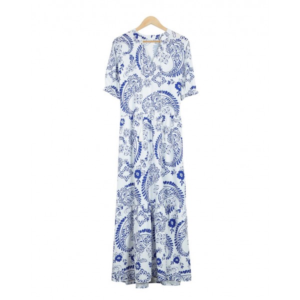 Romantic Blue Print Short Sleeve Maxi Dress