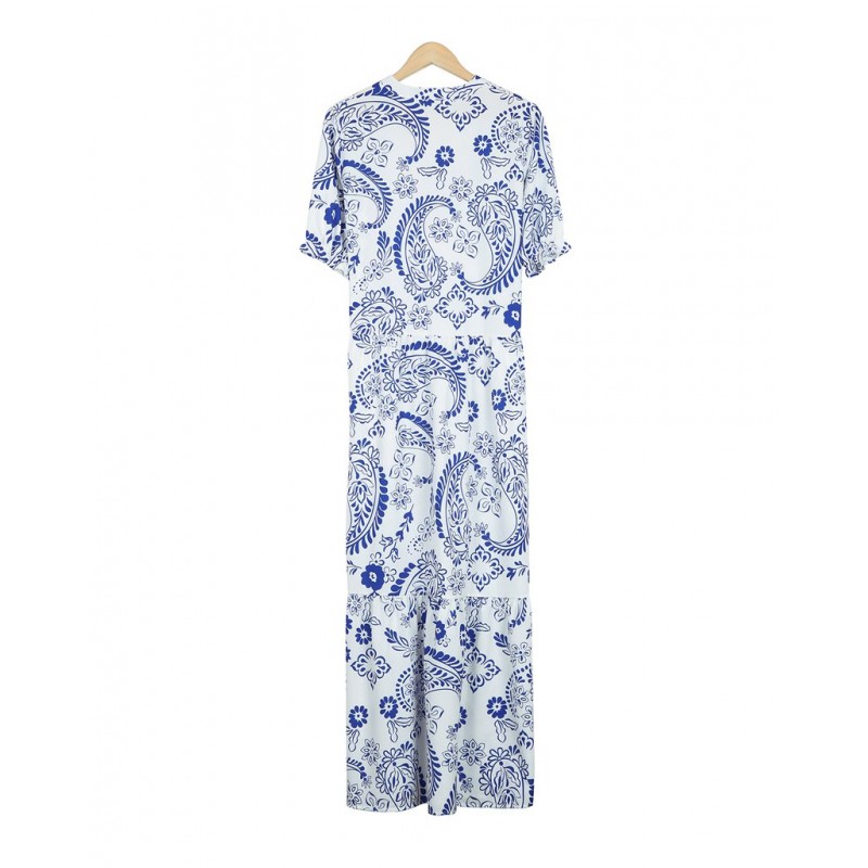 Romantic Blue Print Short Sleeve Maxi Dress