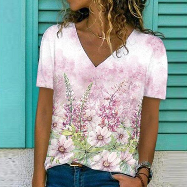 Romantic Print V-Neck Short Sleeve Top