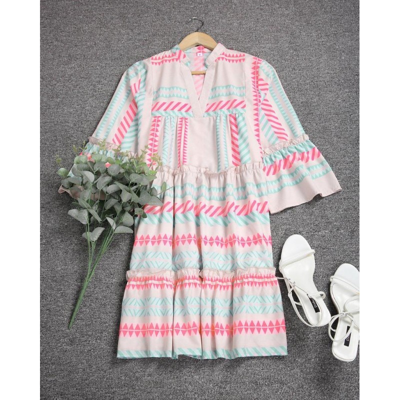 Groovy Print 3/4 Sleeve Mini Dress