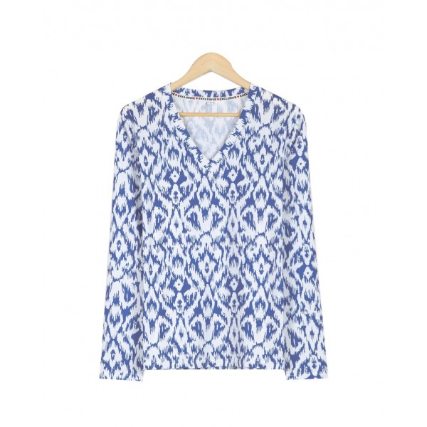 Retro Print V-Neck Long Sleeve Top