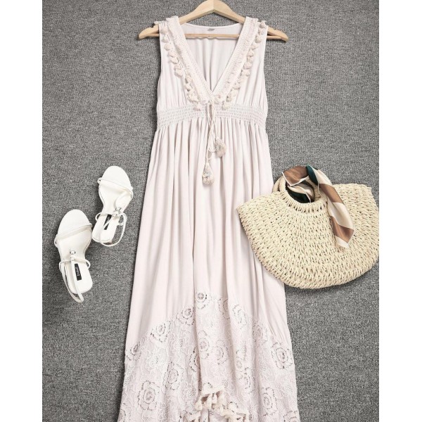 Stylish Apricot V-Neck Sleeveless Maxi Dress