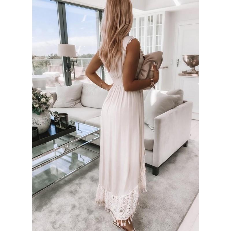 Stylish Apricot V-Neck Sleeveless Maxi Dress