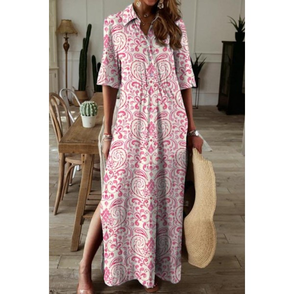 Sweet Pink Print Short Sleeve Maxi Dress