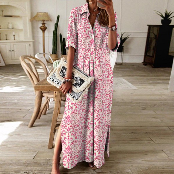 Sweet Pink Print Short Sleeve Maxi Dress