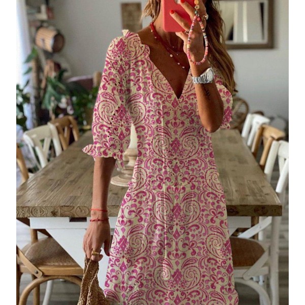 Sweet Print Short Sleeve Midi Dress