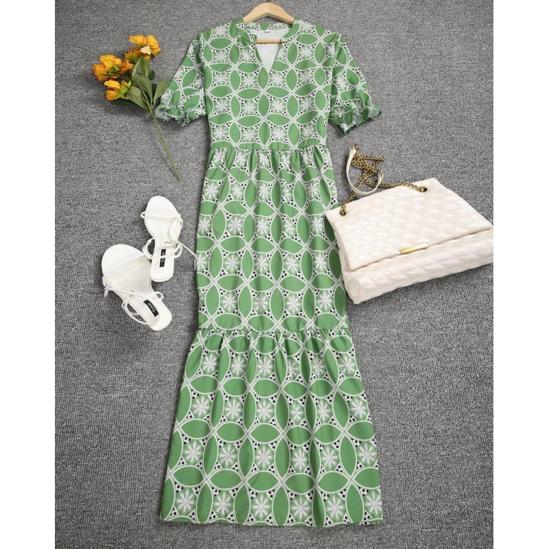 Fresh Print Short Sleeve Midi Dress