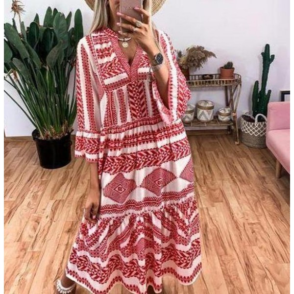 Modern Print 3/4 Sleeve Midi Dress