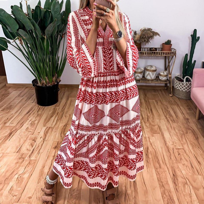 Modern Print 3/4 Sleeve Midi Dress