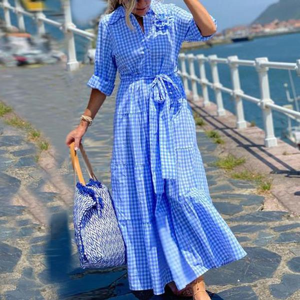 Classy Plaid Print Long Sleeve Maxi Dress With Belt