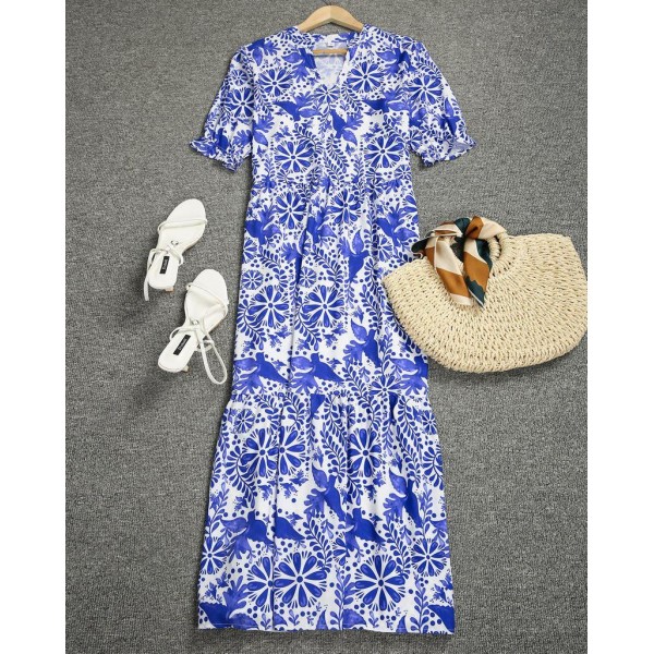 Modern Print Short Sleeve Maxi Dress