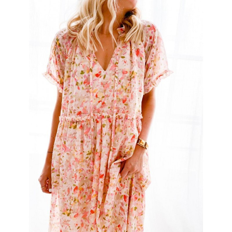 Stylish Print V-Neck 3/4 Sleeve Maxi Dress