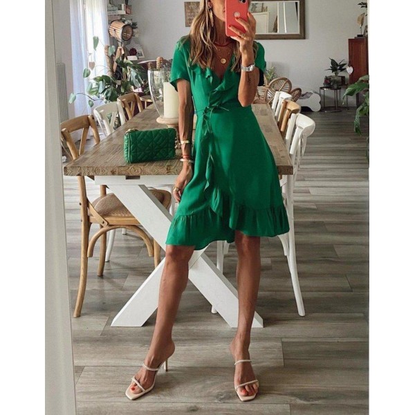 Attractive Green V-Neck Short Sleeve Mini Dress