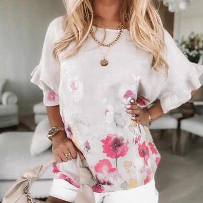 Romantic Floral Print Round Neck Top