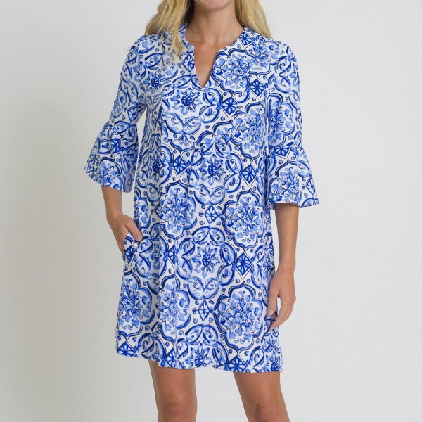 Fresh Print V-Neck 3/4 Sleeve Mini Dress