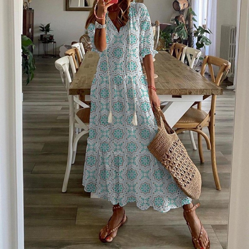 Fresh Print V-Neck Short Sleeve Maxi Dress