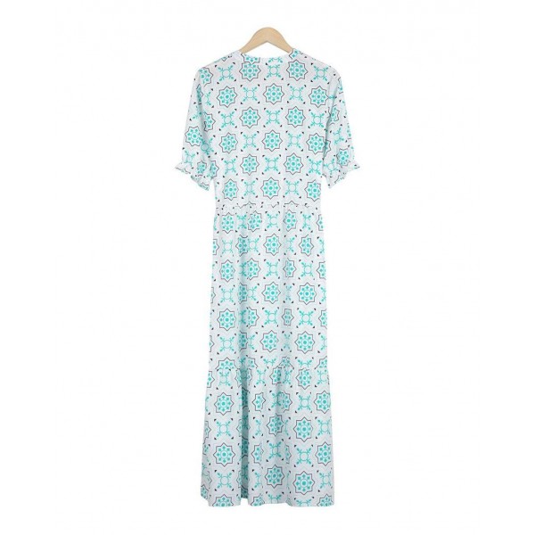 Fresh Print V-Neck Short Sleeve Maxi Dress