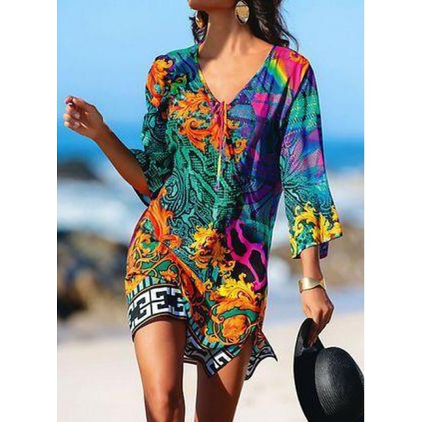 Groovy Print 3/4 Sleeve Mini Dress