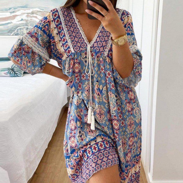 Modern Print 3/4 Sleeve Mini Dress